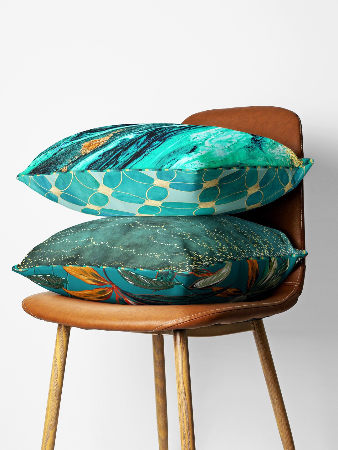 

BIANCA Teal & Gold-Toned Set Of 2 Abstract Printed Square Cushion Covers