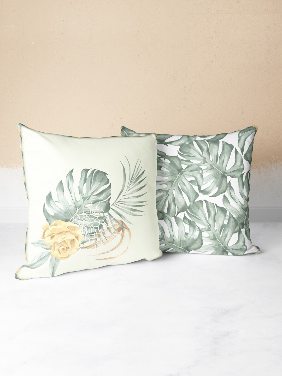 

BIANCA Green & Beige Set of 2 Floral Square Cushion Covers