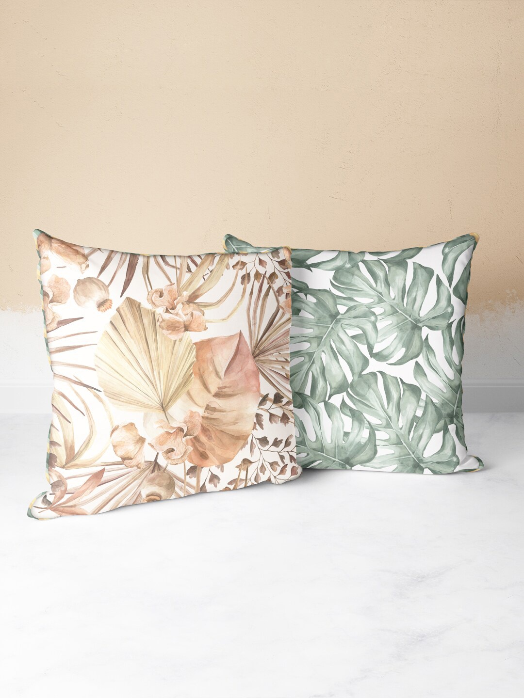 

BIANCA Green & Beige 16" x 16" Set of 2 Floral Square Cushion Covers