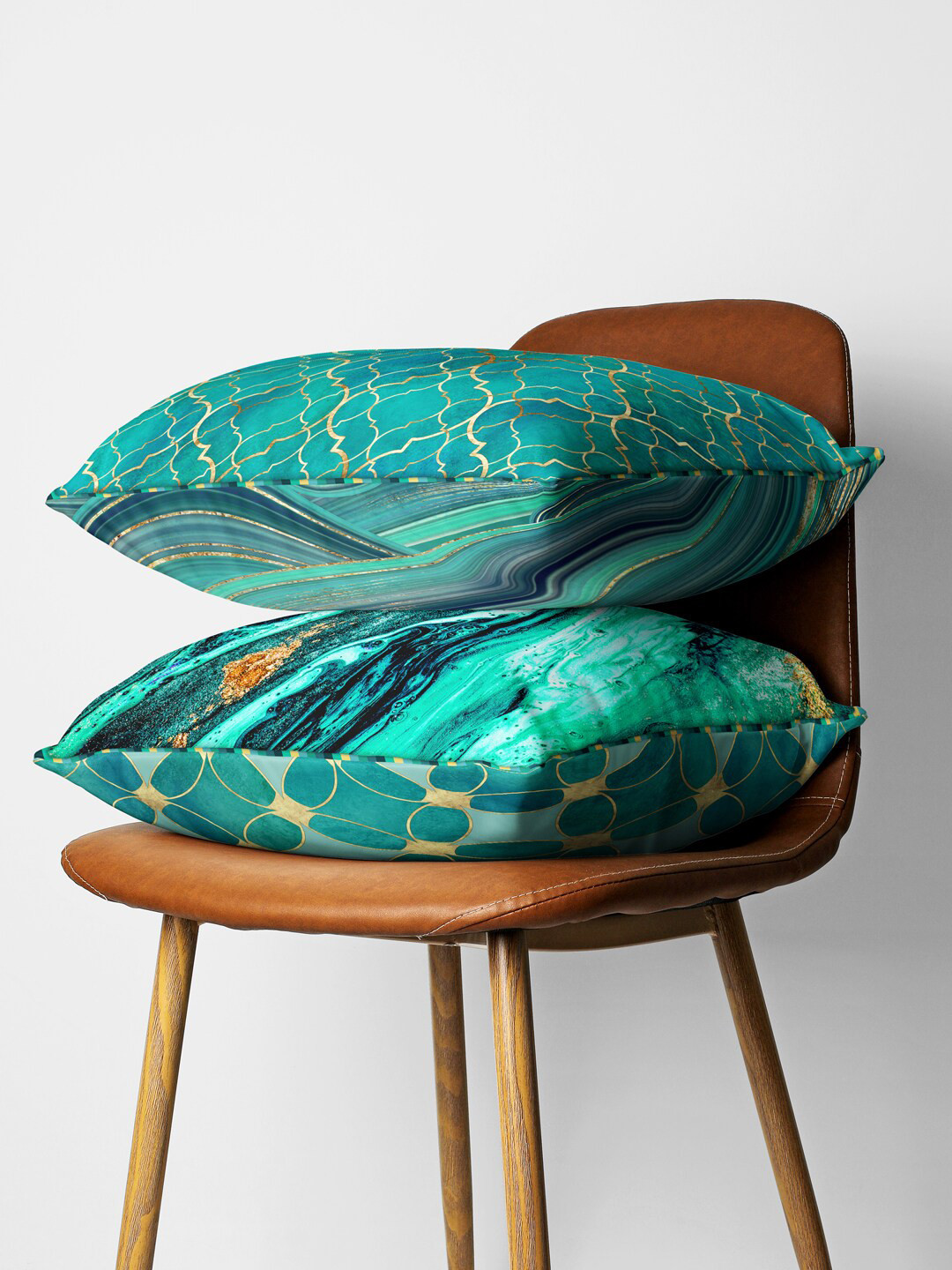 

BIANCA Teal & Gold-Toned Set Of 2 Abstract Printed Square Cushion Covers