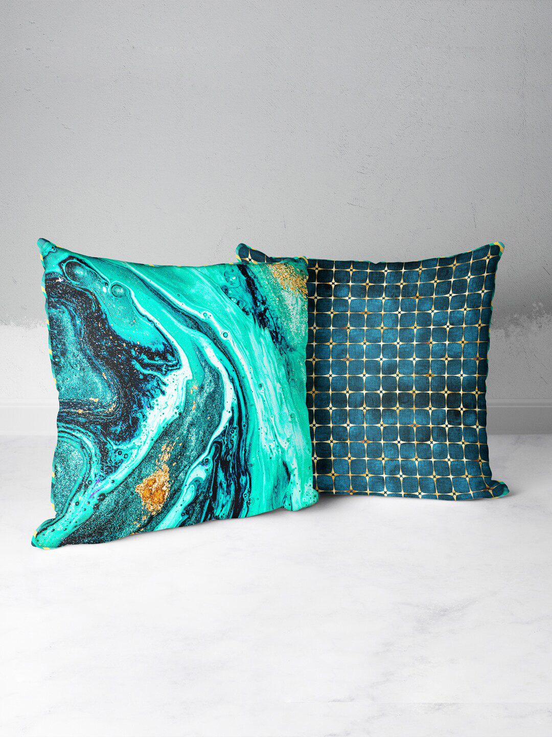 

BIANCA Teal & Gold-Toned Set of 2 Geometric Square Cushion Covers