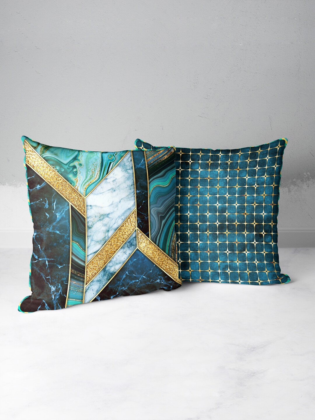 

BIANCA Teal & Gold-Toned Set of 2 Geometric Square Cushion Covers