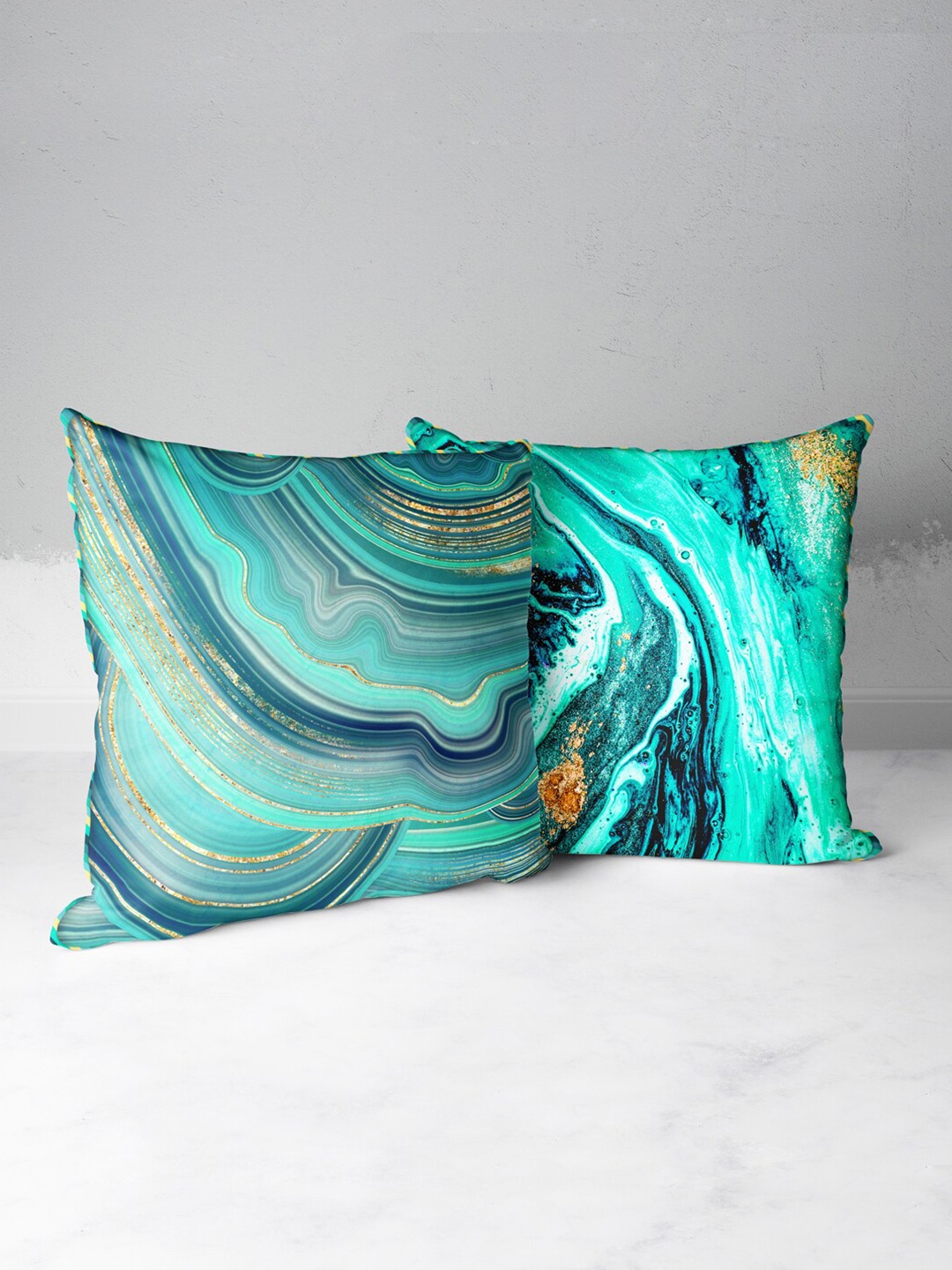 

BIANCA Teal & Gold-Toned Set of 2 Geometric Square Cushion Covers