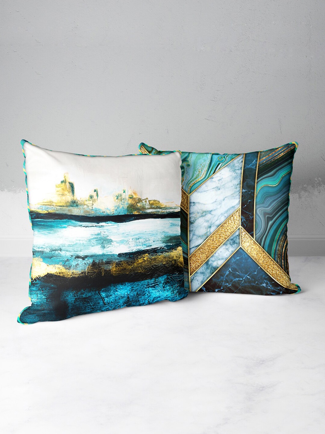 

BIANCA Teal & Gold-Toned Set of 2 Abstract Square Cushion Covers