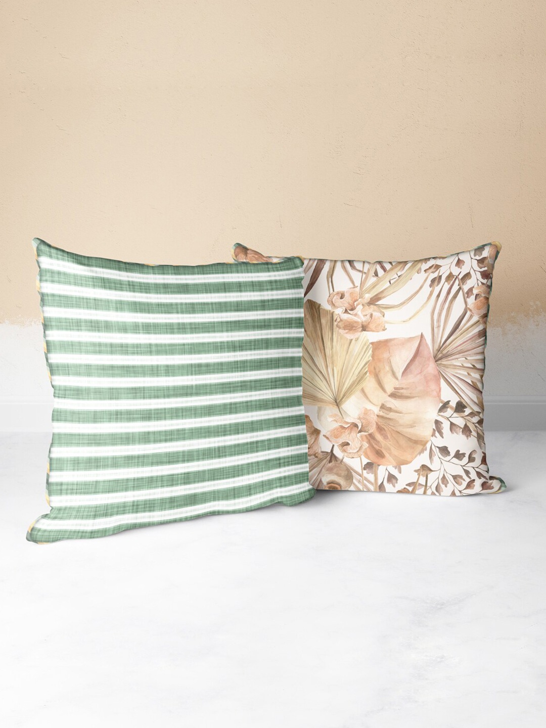 

BIANCA Green & Beige Set of 2 Floral Square Cushion Covers