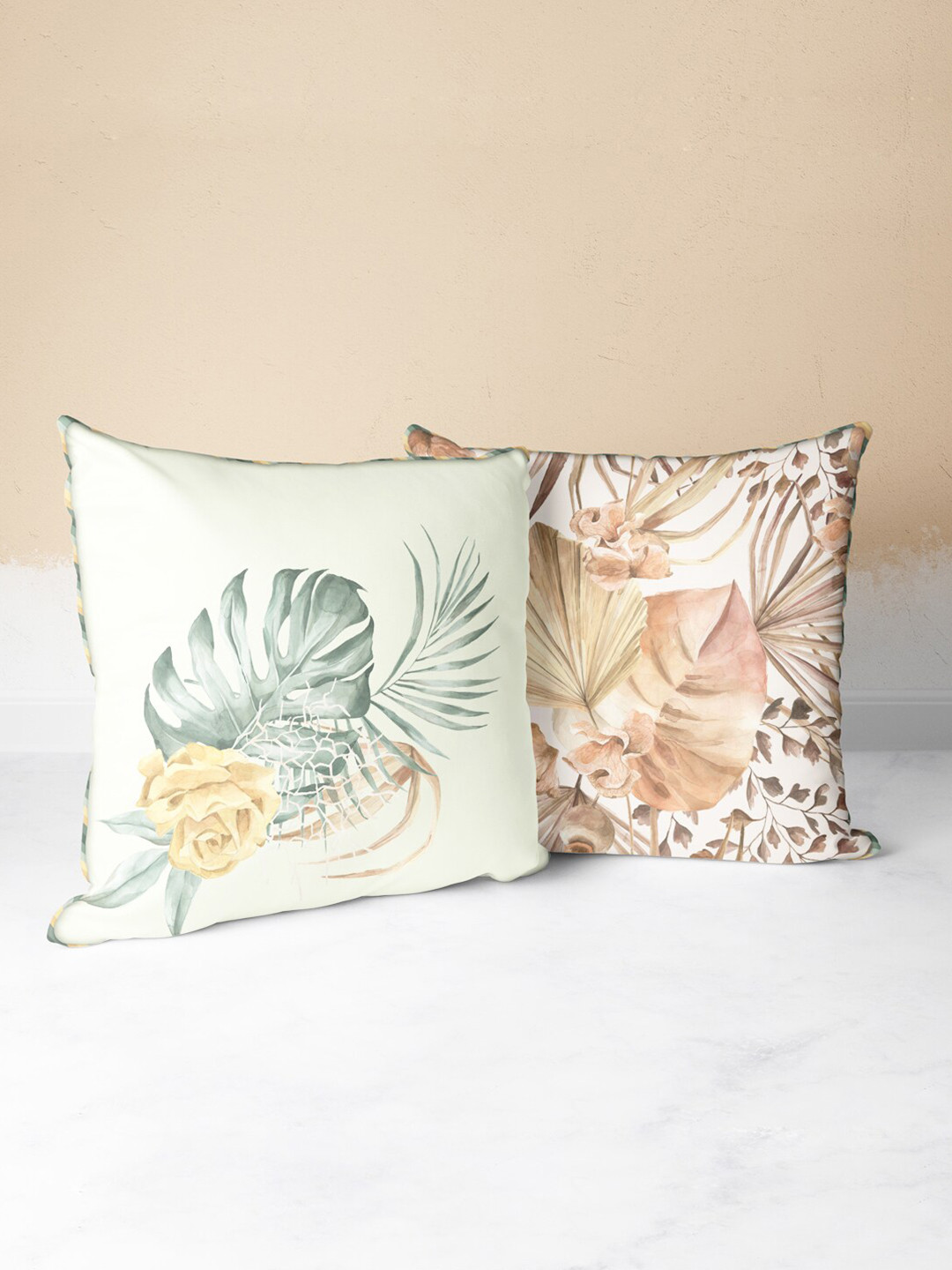 

BIANCA Green & Beige Set Of 2 Floral Printed Square Cushion Covers