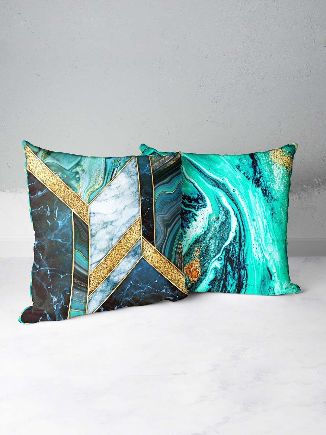 

BIANCA Teal & Gold-Toned Set of 2 Abstract Square Cushion Covers