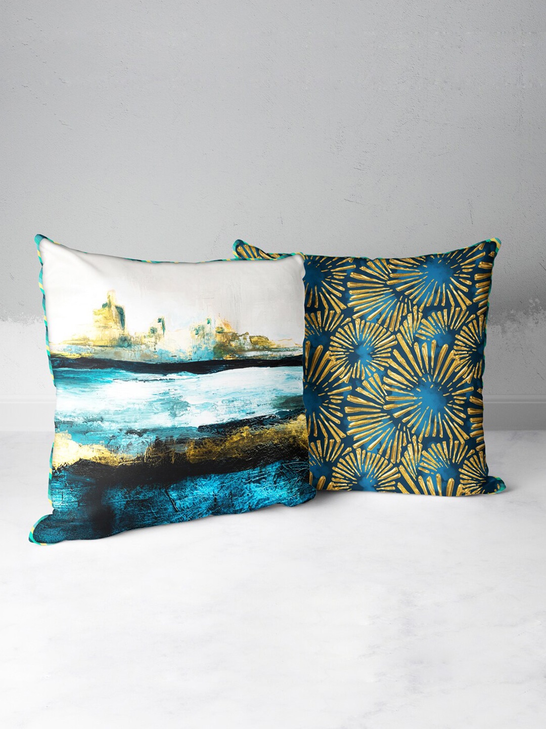 

BIANCA Teal & Gold-Toned Set of 2 Quirky Square Cushion Covers