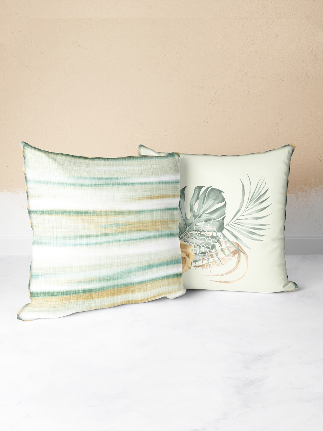 

BIANCA Green & Beige Set Of 2 Floral Printed Square Cushion Covers