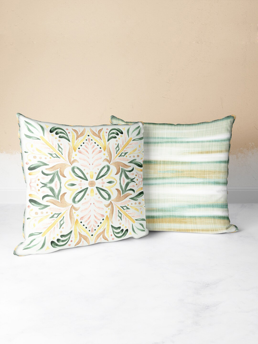 

BIANCA Green & Beige Set of 2 Striped Square Cushion Covers