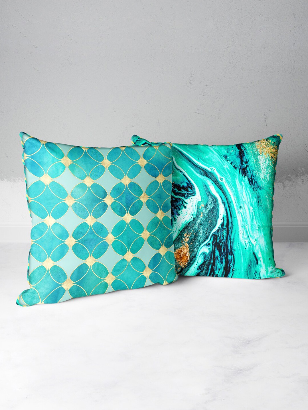 

BIANCA Teal & Gold-Toned Set of 2 Abstract Square Cushion Covers