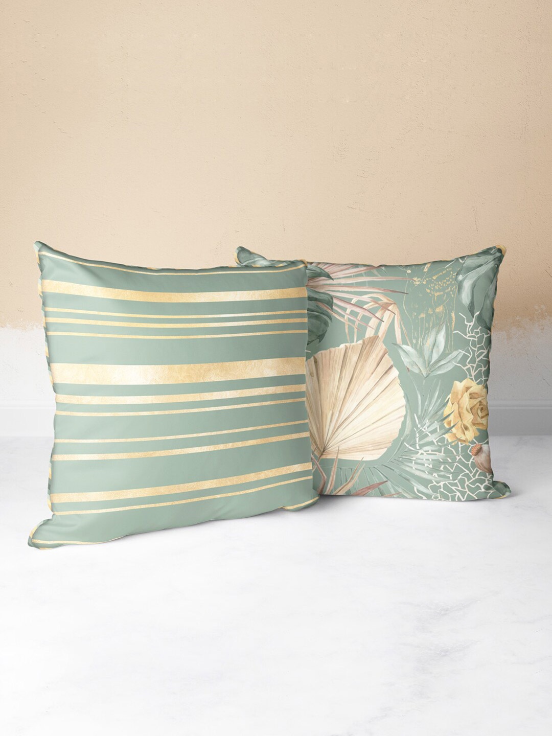 

BIANCA Green & Beige Set of 2 Floral Square Cushion Covers