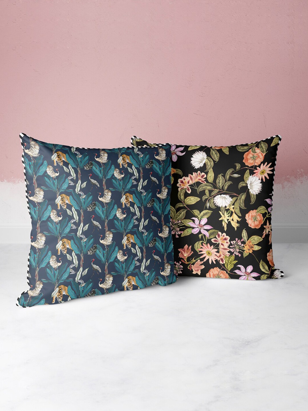 

BIANCA Black & Multi Color Set Of 2 Floral Printed Square Cushion Covers