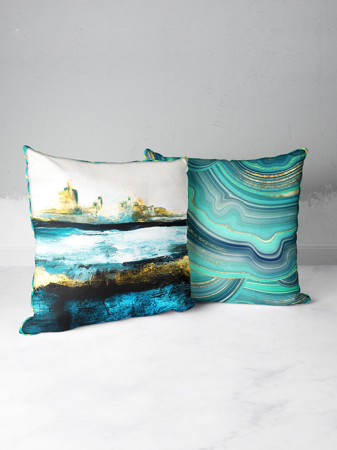 

BIANCA Teal & Gold-Toned Set Of 2 Abstract Printed Square Cushion Covers