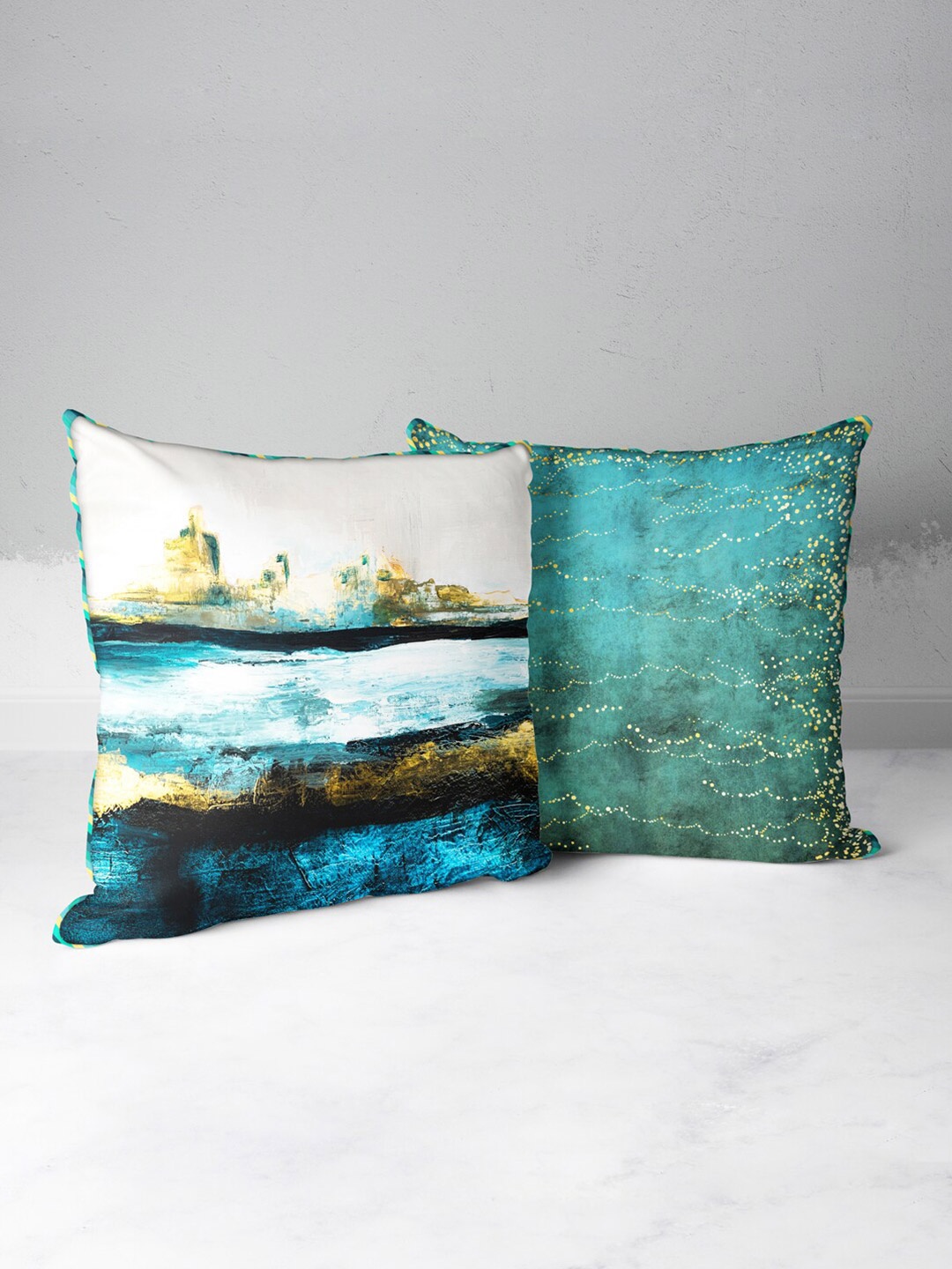 

BIANCA Teal & Gold-Toned Set of 2 Abstract Square Cushion Covers