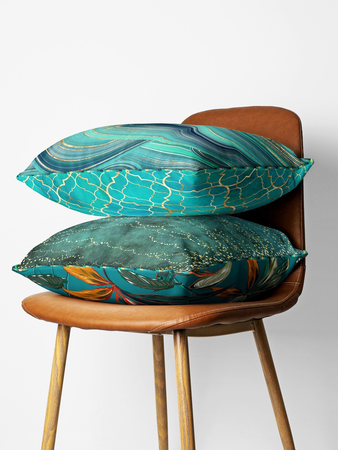 

BIANCA Teal & Gold-Toned Set of 2 Abstract Square Cushion Covers