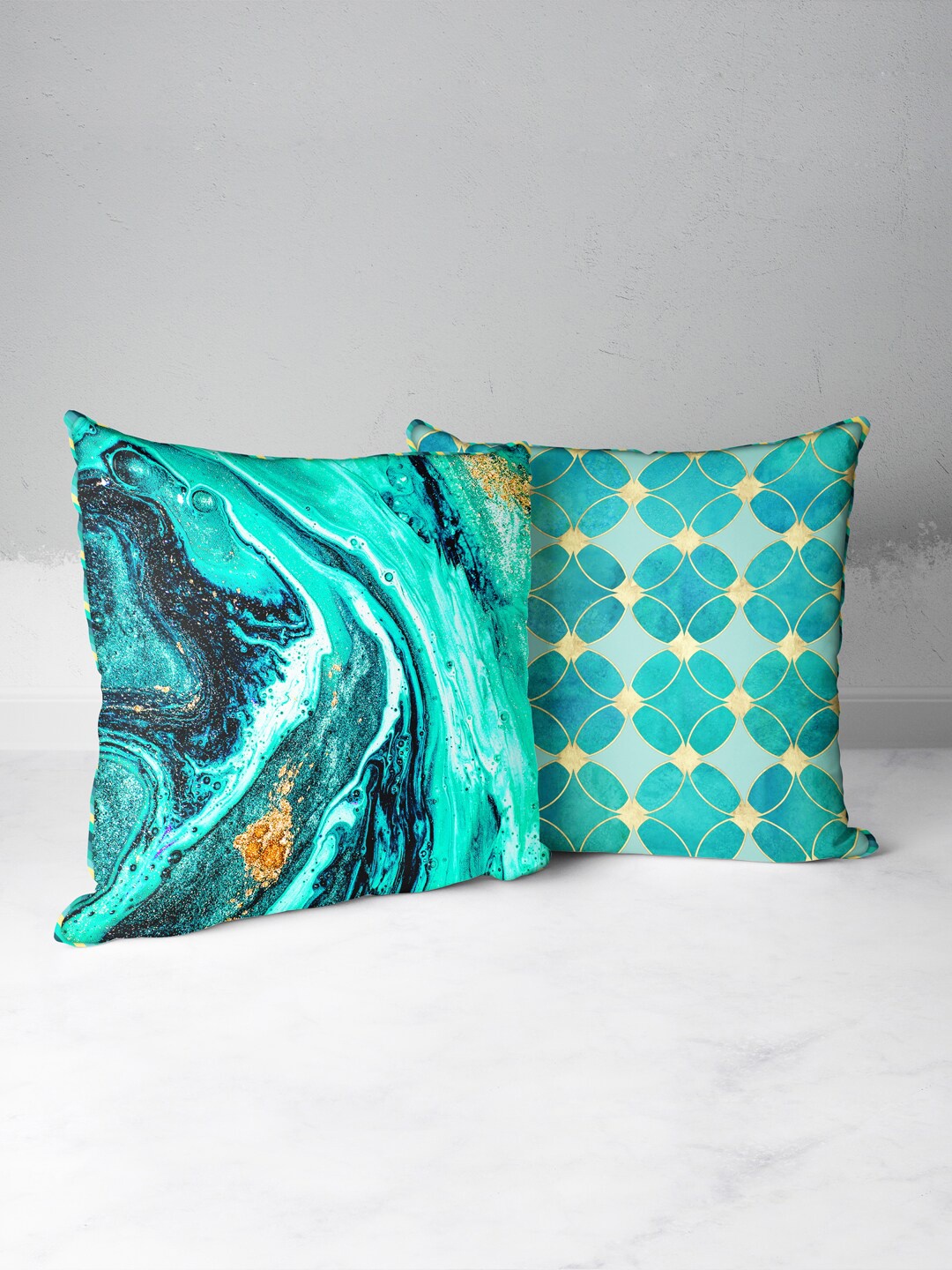 

BIANCA Turquoise Blue & Gold-Toned Set of 2 Geometric Square Cushion Covers