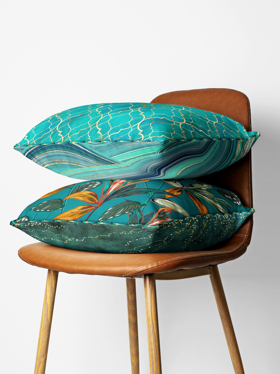 

BIANCA Teal & Gold-Toned Set of 2 Geometric Square Cushion Covers