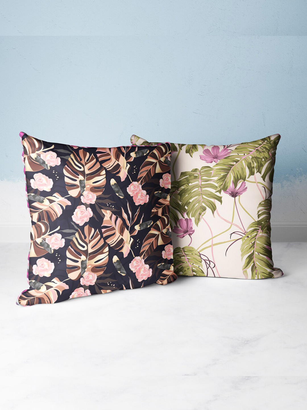 

BIANCA Purple & Green Set of 2 Floral Square Cushion Covers
