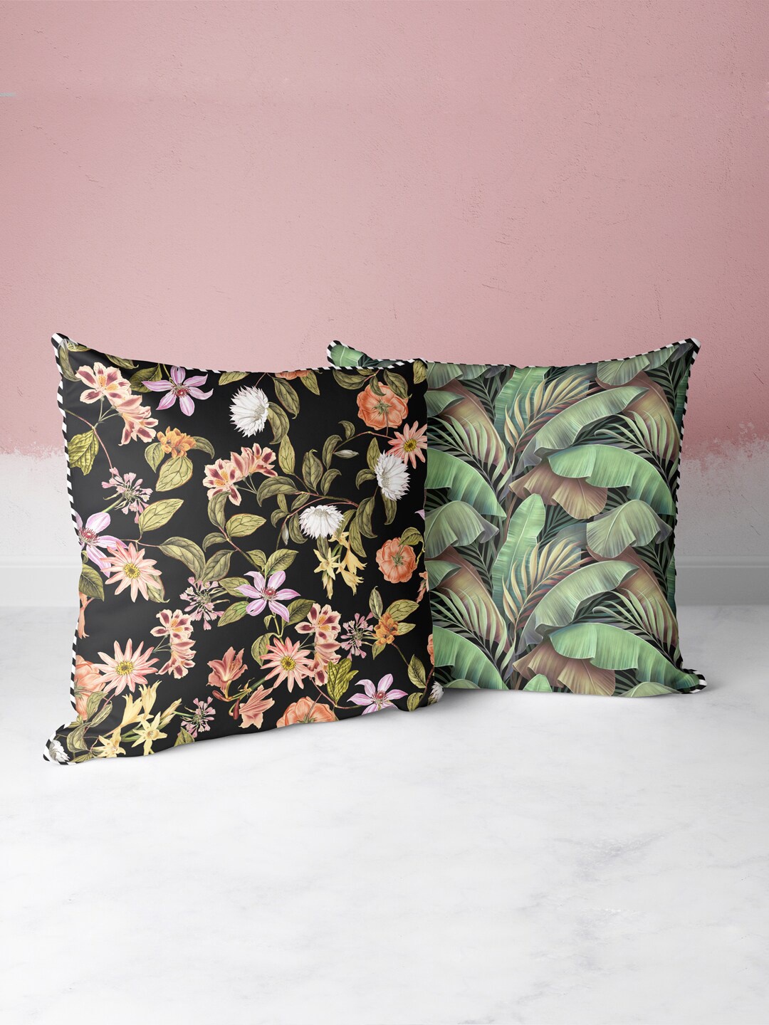 

BIANCA Black & Green Set Of 2 Floral Printed Square Cushion Covers
