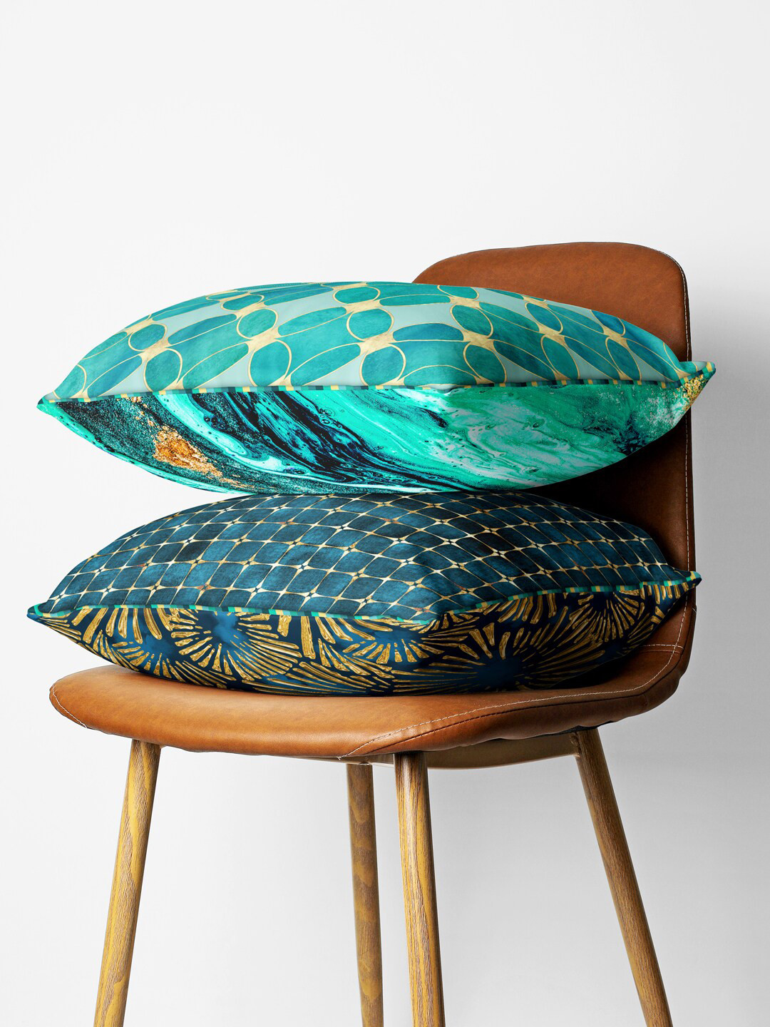 

BIANCA Turquoise Blue & Gold-Toned Set of 2 Geometric Square Cushion Covers