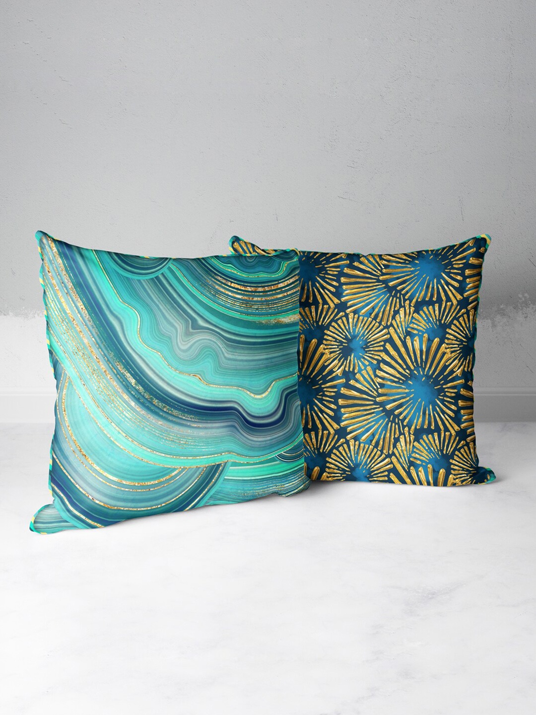 

BIANCA Teal & Gold-Toned Set Of 2 Abstract Printed Square Cushion Covers