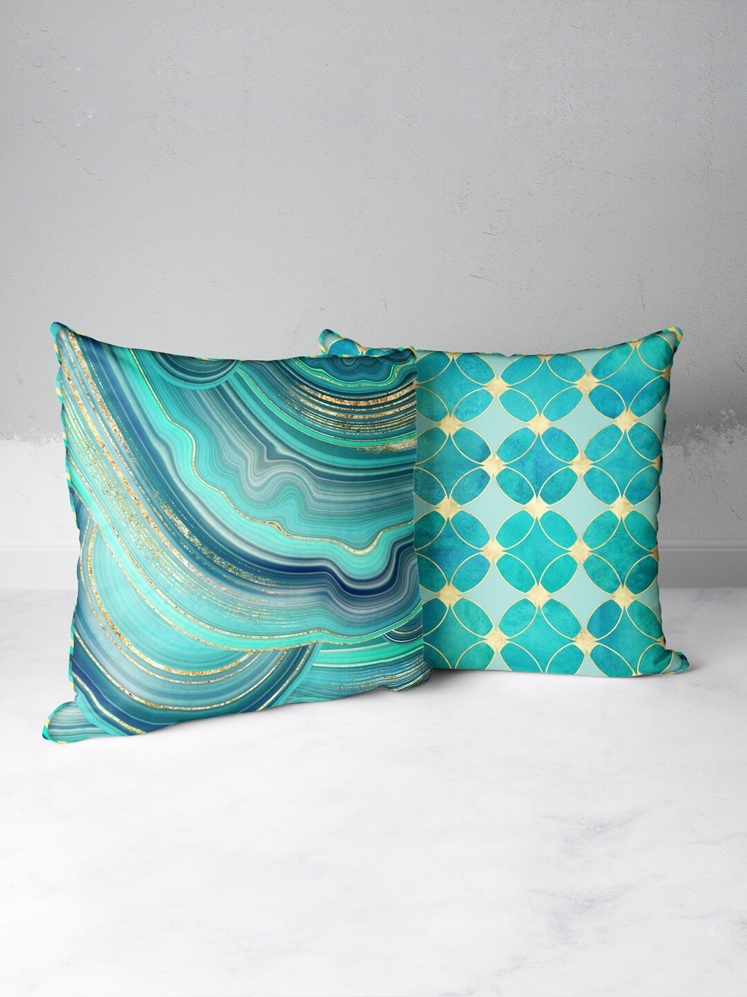 

BIANCA Teal & Yellow Set of 2 Abstract Square Cushion Covers