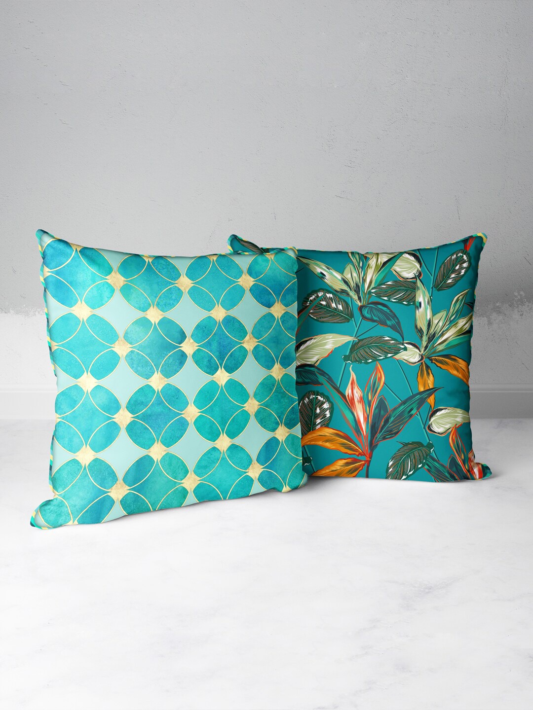 

BIANCA Teal & Gold-Toned Set of 2 Geometric Square Cushion Covers