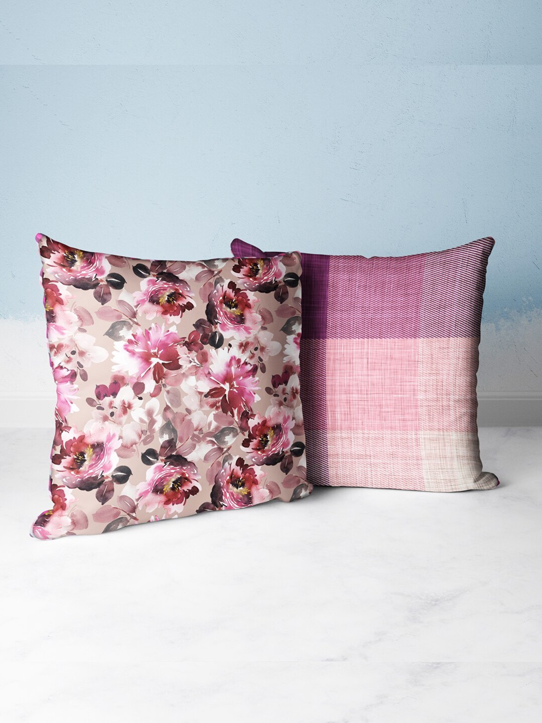 

BIANCA Purple & Pink Set Of 2 Floral Printed Square Cushion Covers