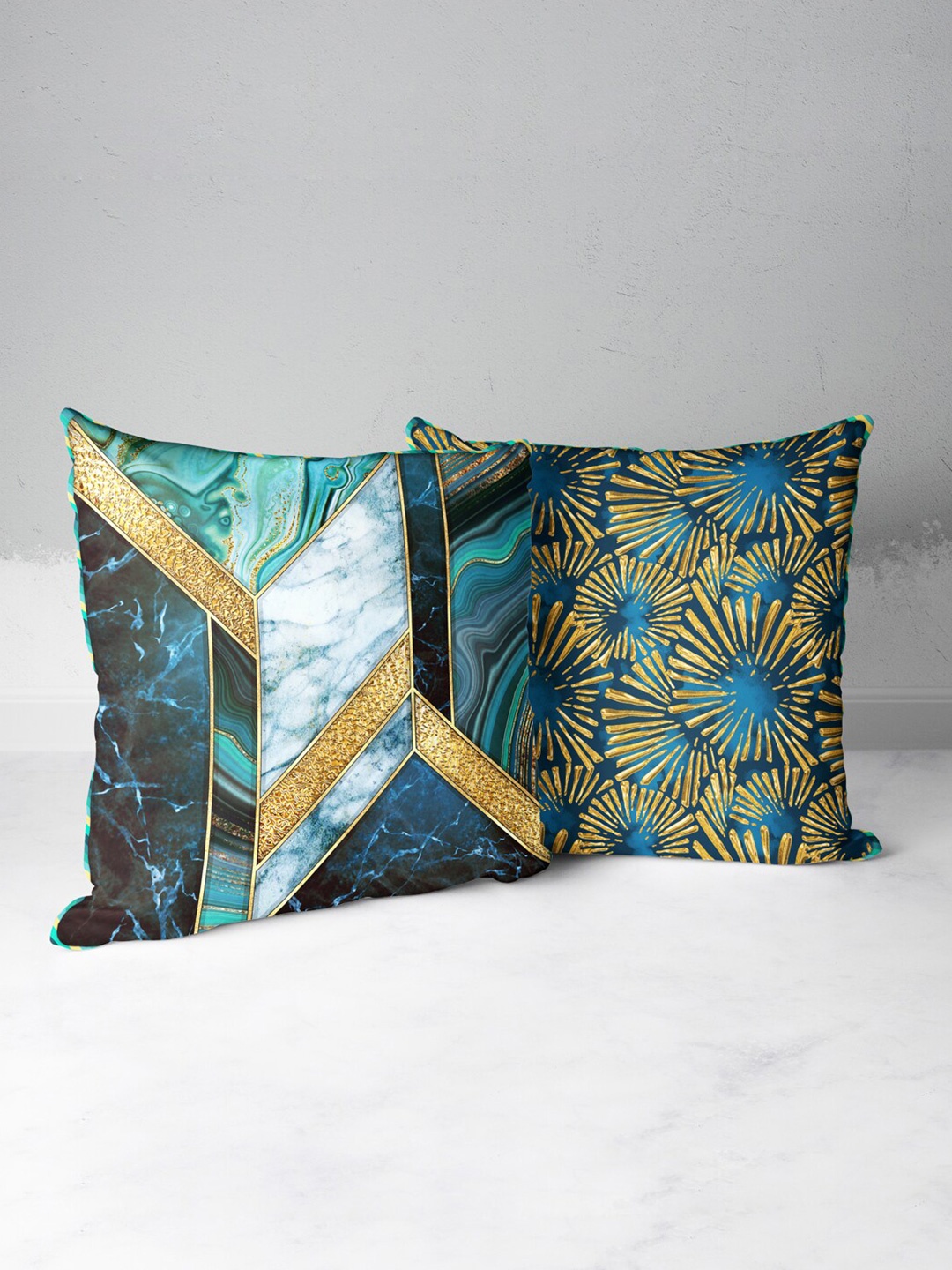 

BIANCA Teal & Beige Set of 2 Geometric Square Cushion Covers