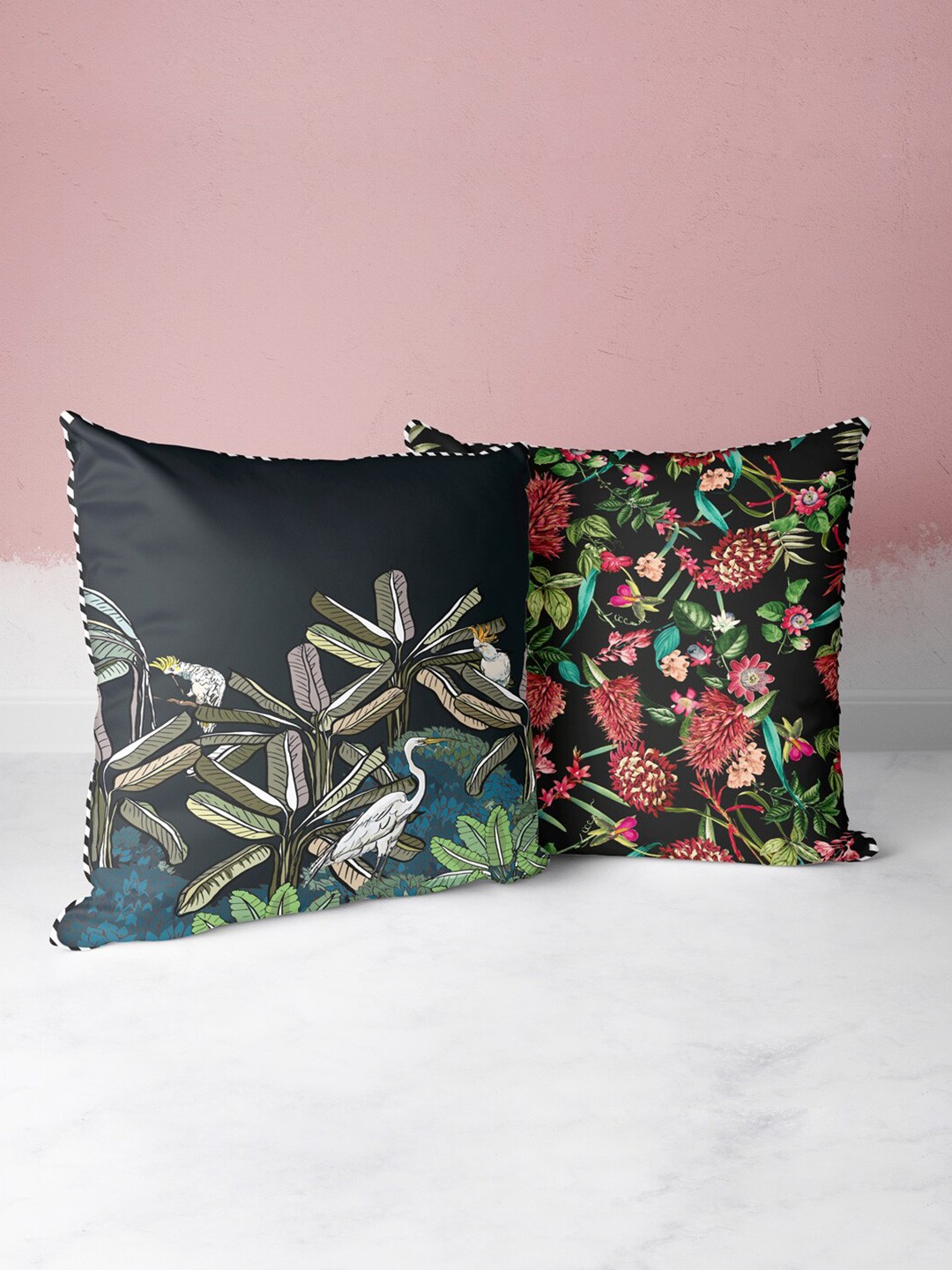 

BIANCA Black & Green Set of 2 Floral Square Cushion Covers