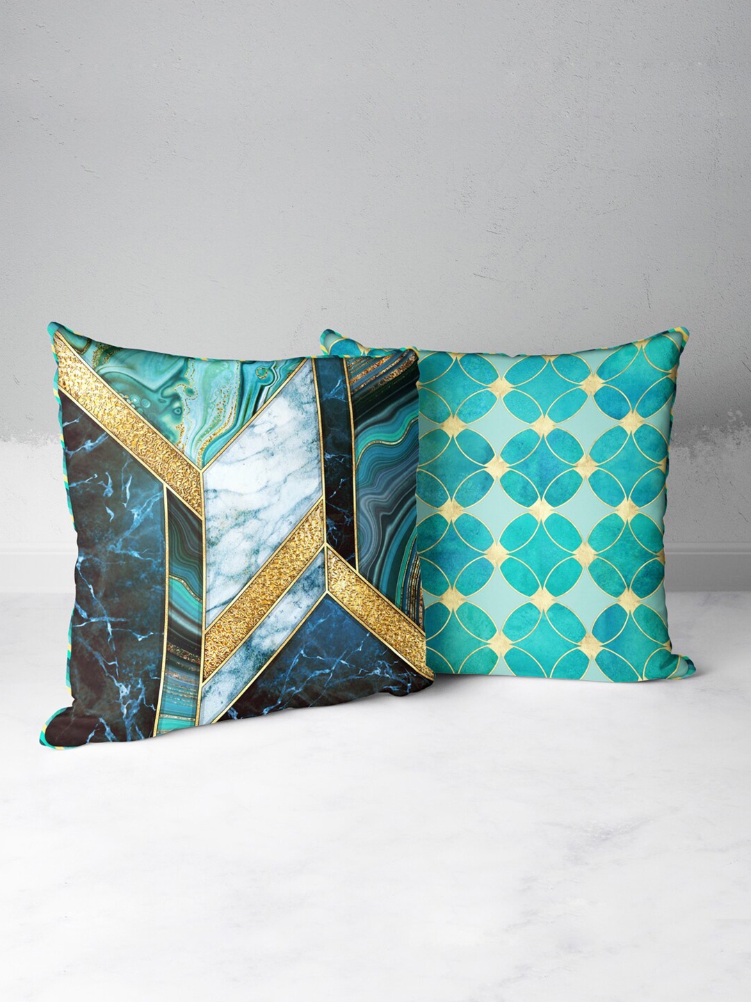 

BIANCA Teal & Gold-Toned Set of 2 Abstract Square Cushion Covers