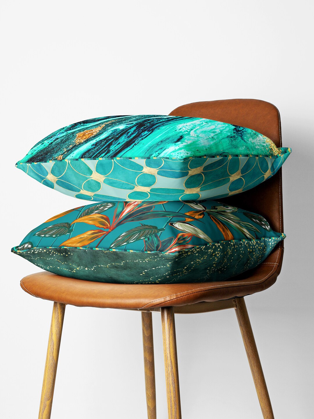 

BIANCA Teal & Gold-Toned Set of 2 Abstract Square Cushion Covers