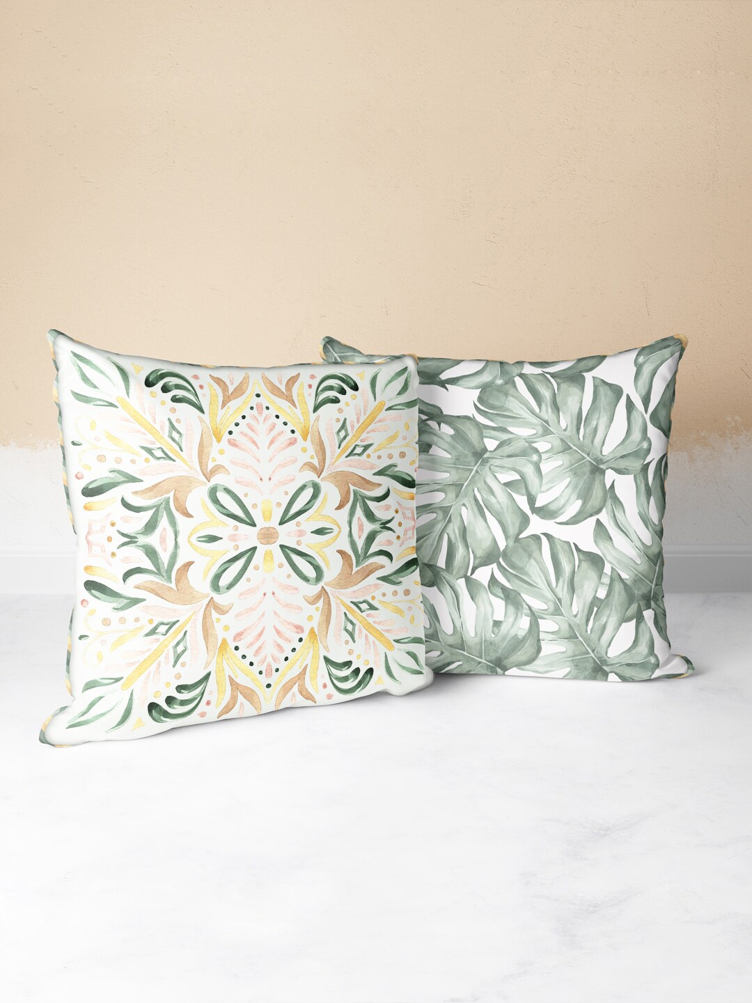 

BIANCA Green & Off White Set of 2 Floral Square Cushion Covers