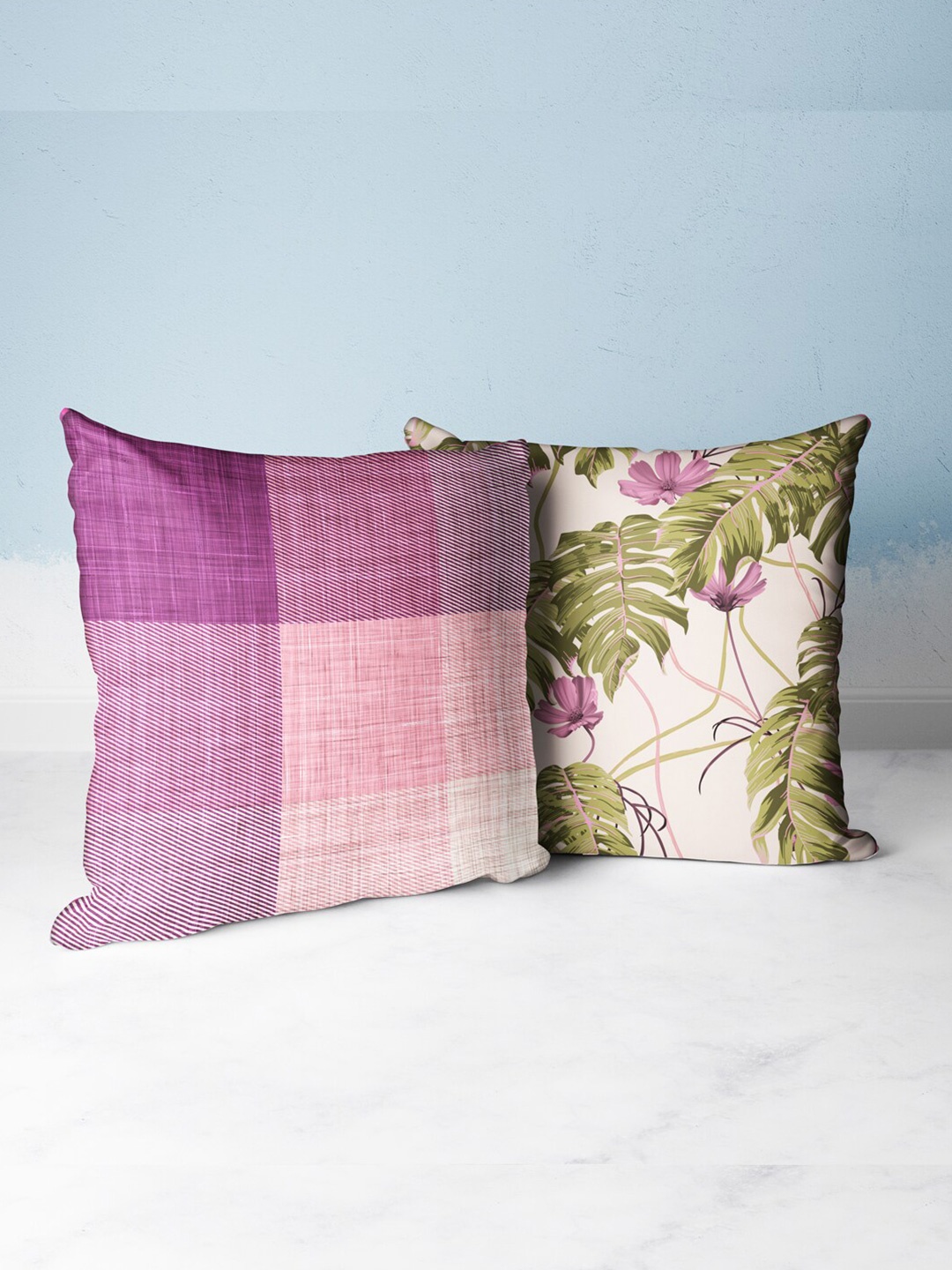 

BIANCA Purple & Green Set Of 2 Floral Printed Square Cushion Covers