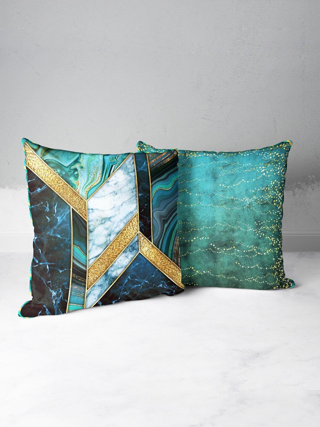 

BIANCA Teal & Gold-Toned Set of 2 Geometric Square Cushion Covers