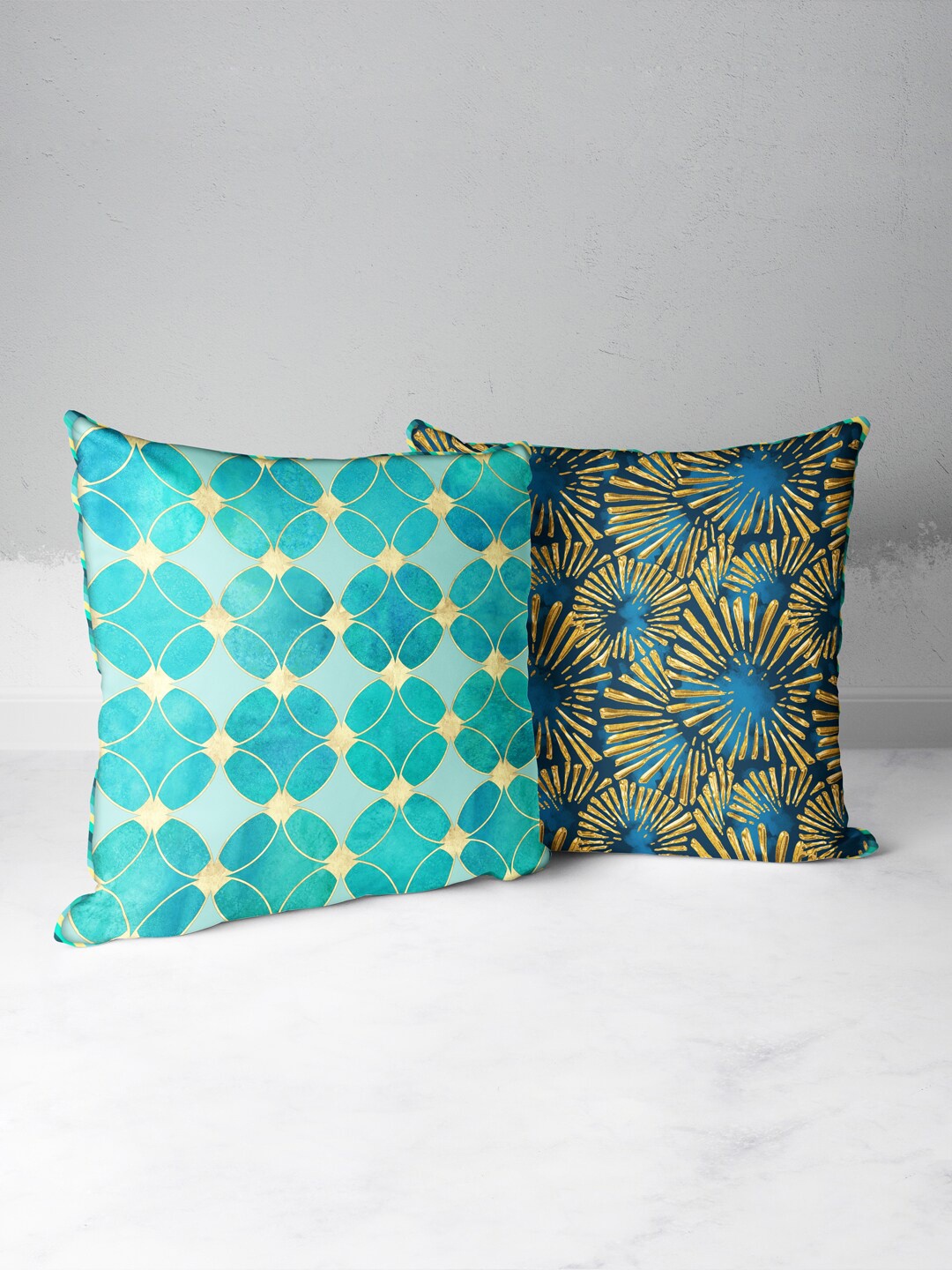 

BIANCA Teal & Gold-Toned Set of 2 Geometric Square Cushion Covers