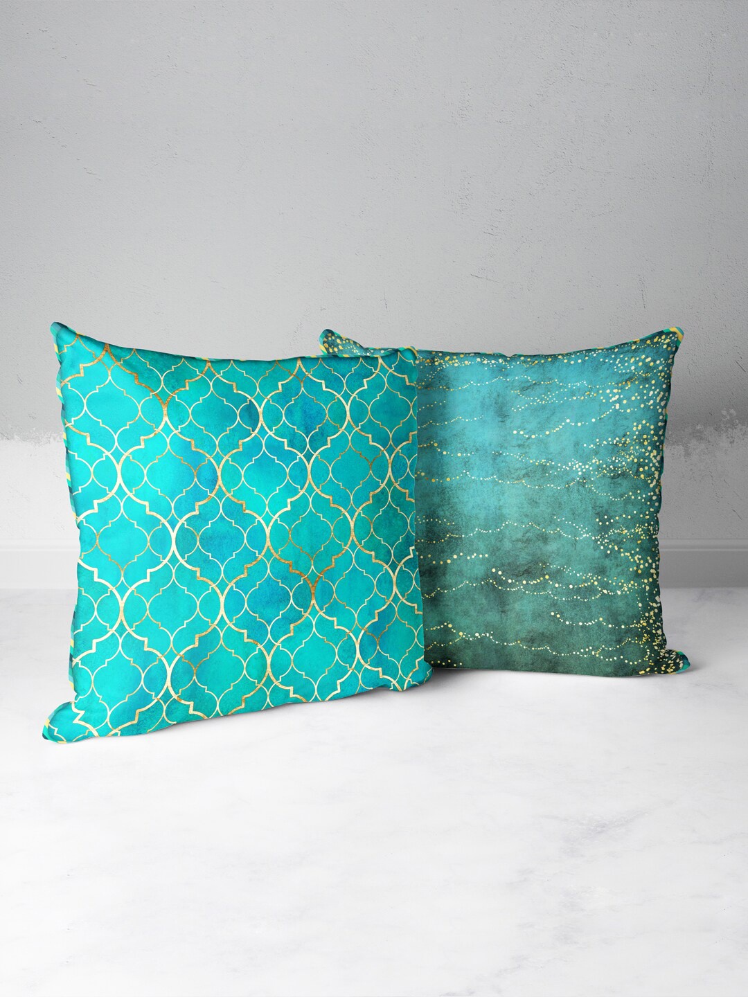 

BIANCA Turquoise Blue & Gold-Toned Set of 2 Geometric Square Cushion Covers