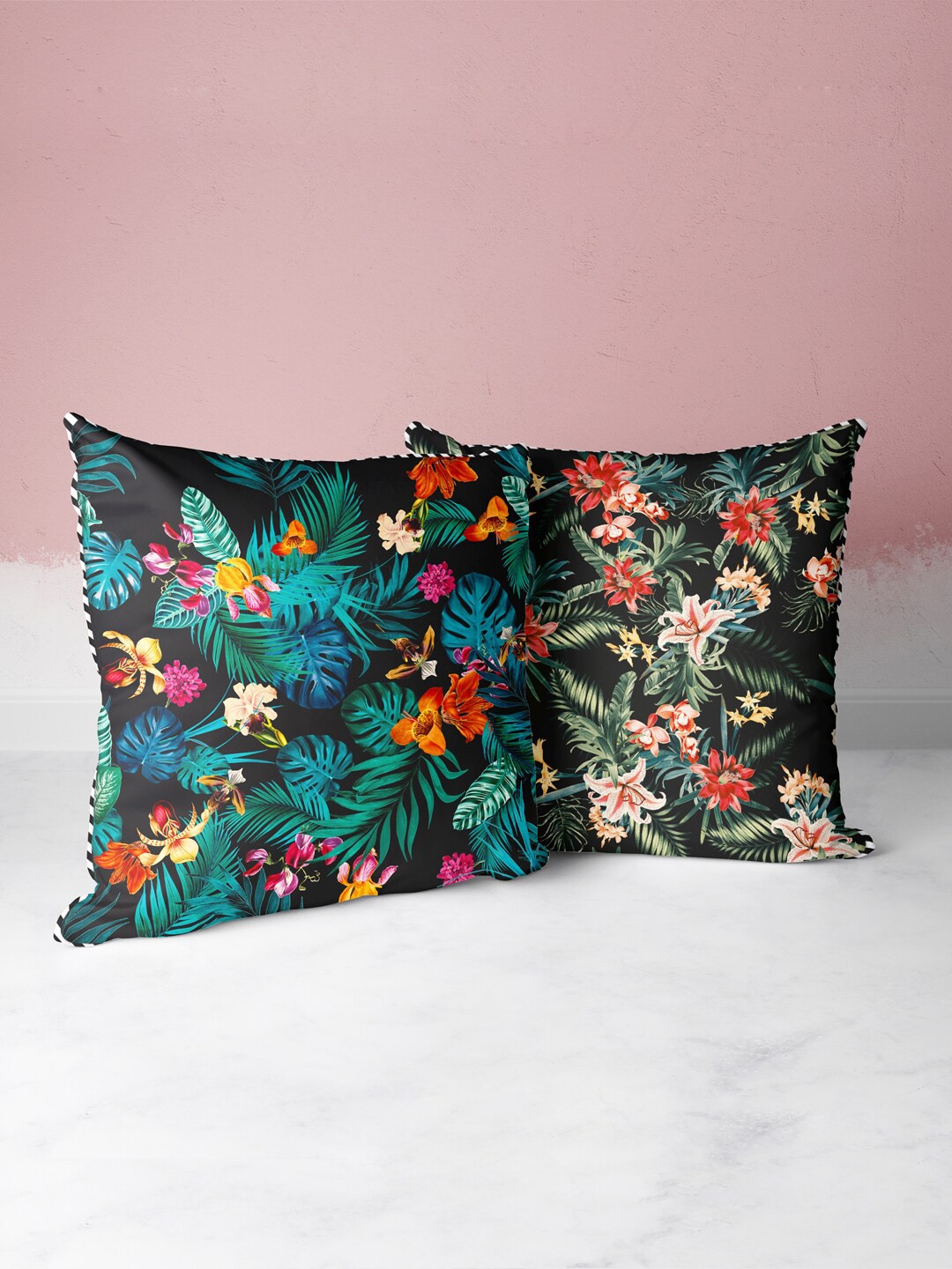 

BIANCA Black & Multi Color Set Of 2 Floral Printed Square Cushion Covers