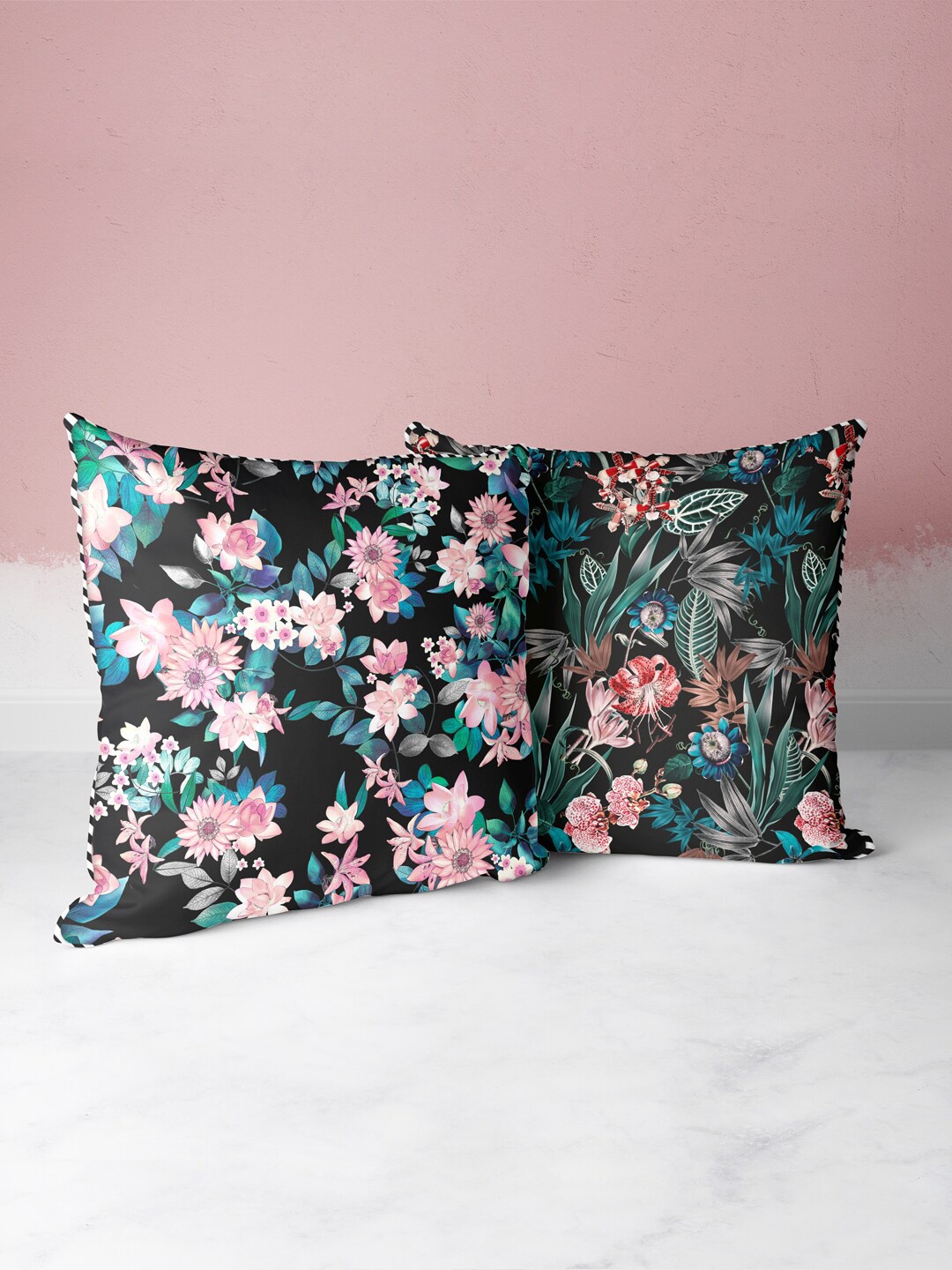 

BIANCA Black & Green Set of 2 Floral Square Cushion Covers