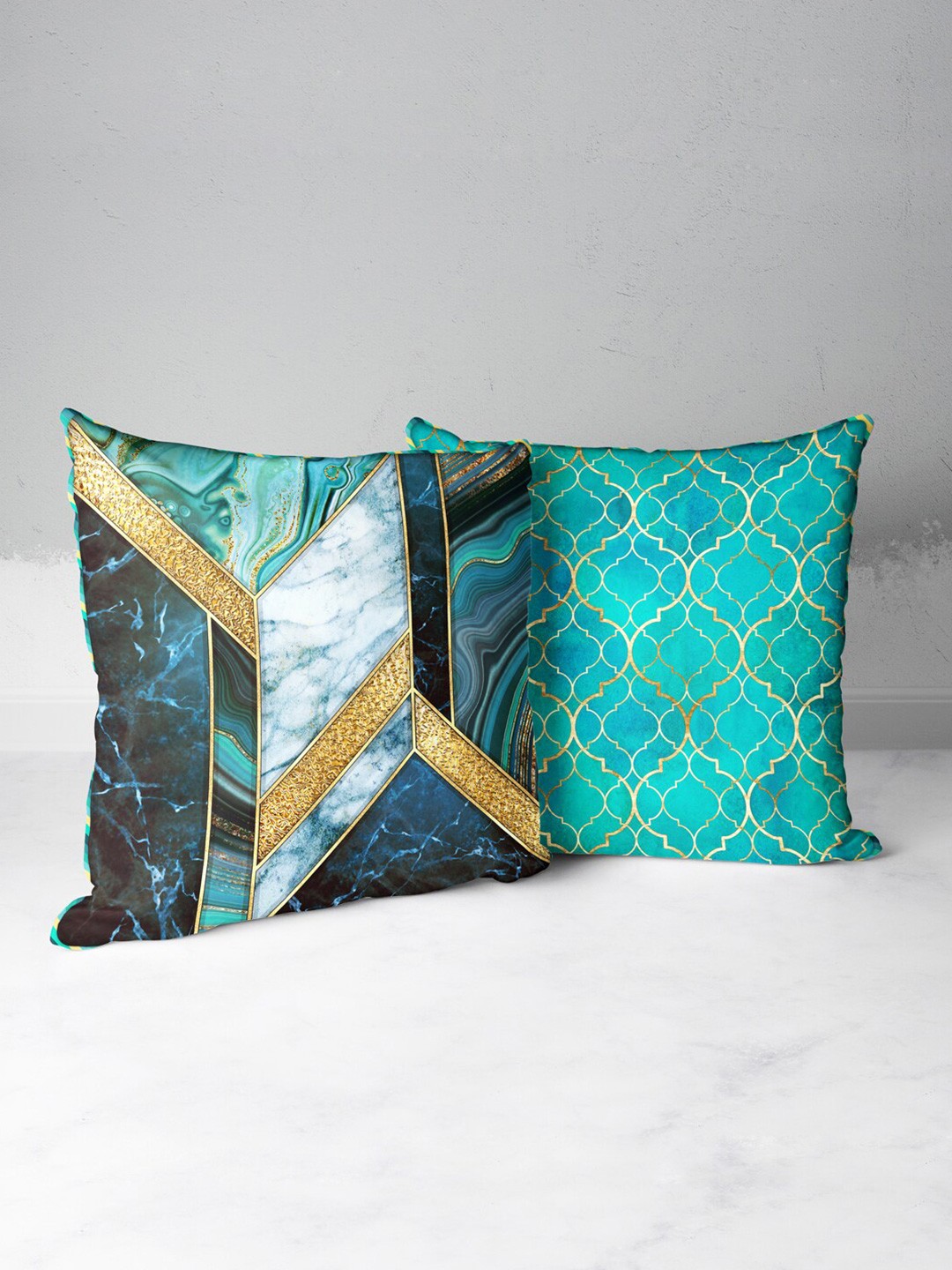 

BIANCA Teal & Gold-Toned Set of 2 Geometric Square Cushion Covers