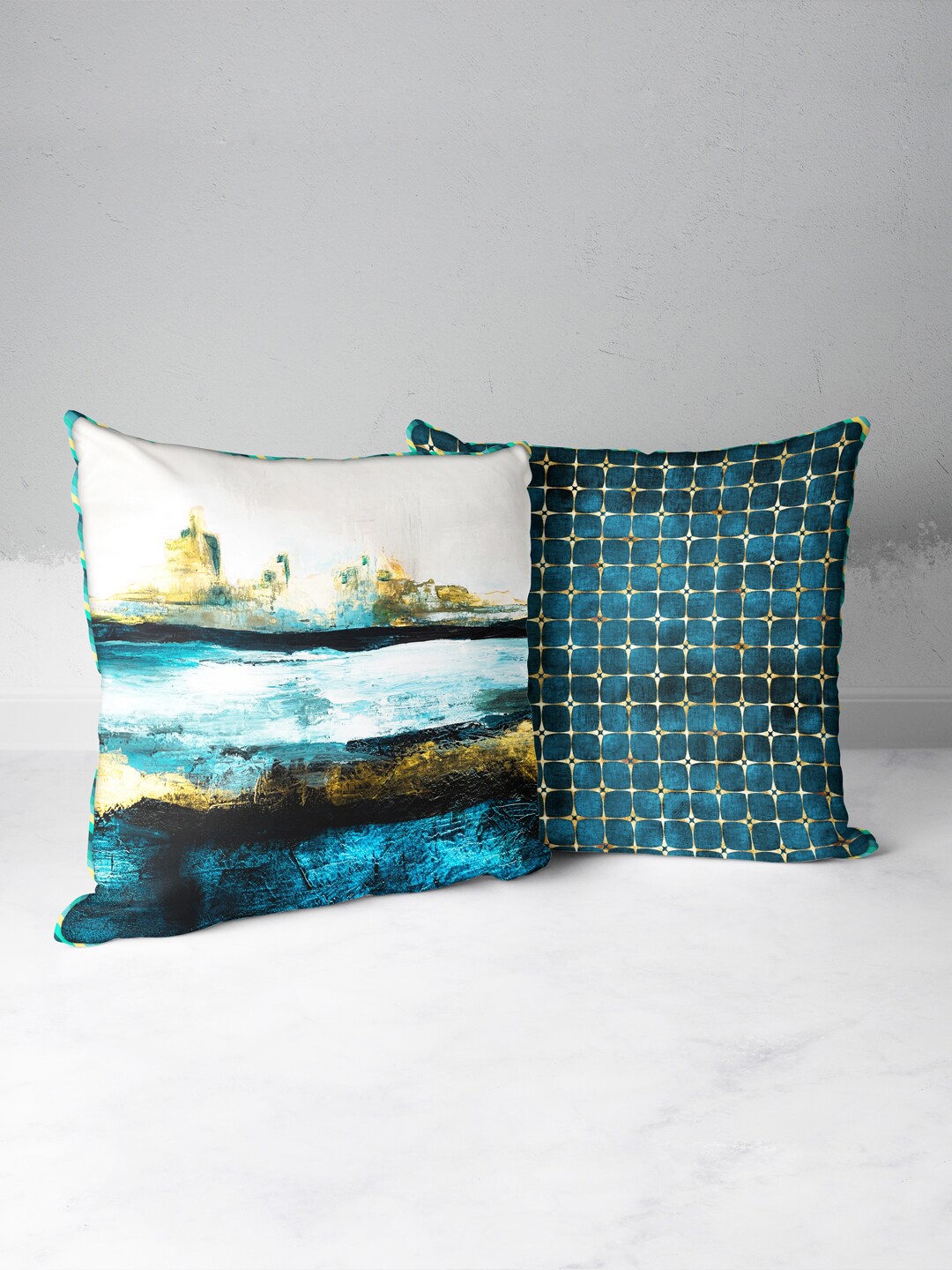 

BIANCA Teal & Gold-Toned Set of 2 Geometric Square Cushion Covers