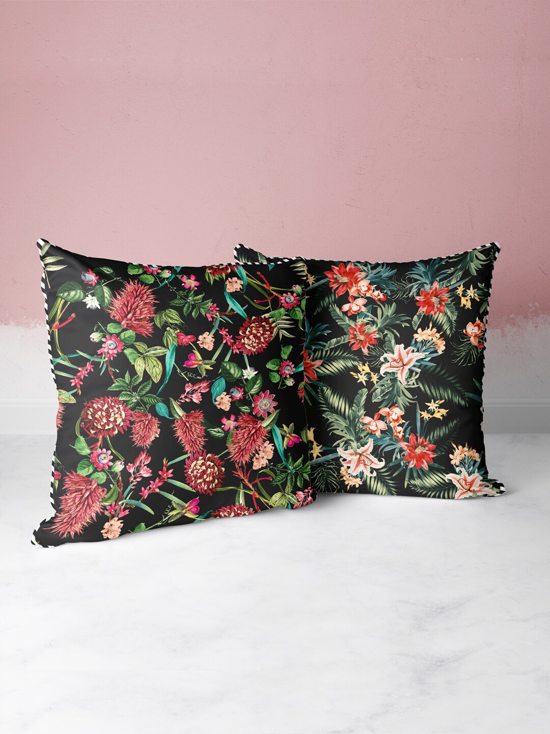

BIANCA Black & Red Set of 2 Floral Square Cushion Covers