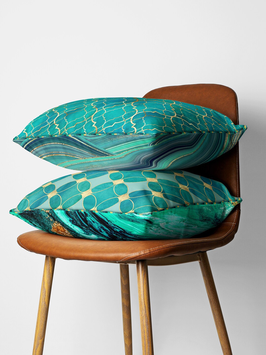 

BIANCA Teal & Gold-Toned Set Of 2 Geometric Printed Square Cushion Covers