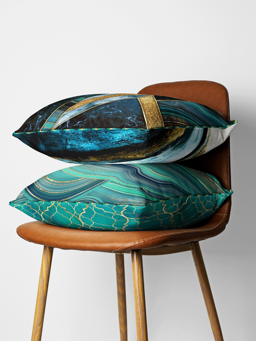 

BIANCA Teal & Gold-Toned Set of 2 Geometric Square Cushion Covers