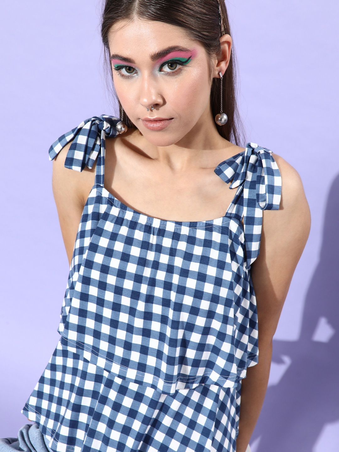 

THREAD MUSTER Women Stunning Blue Checked Summer Gingham Top