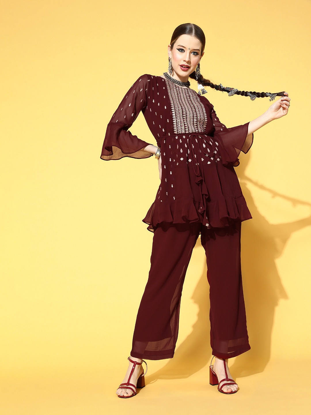 

FASHOR Ethnic Motifs Poly-Georgette Ethnic Fusion Top Kurta Set, Maroon