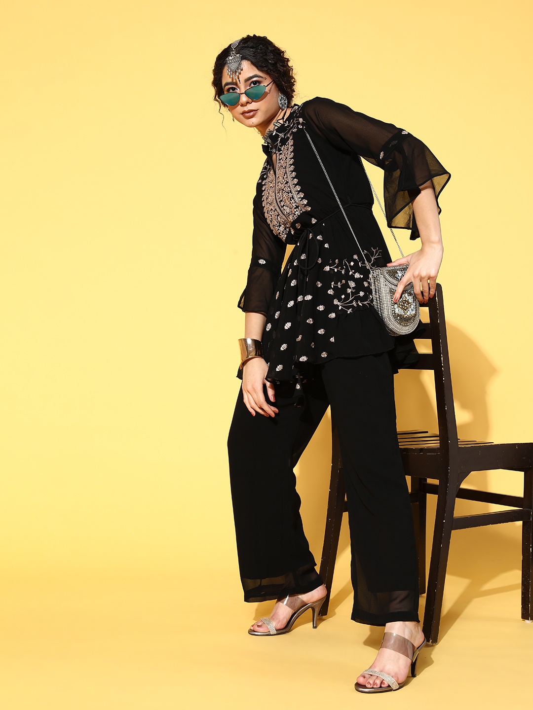 

FASHOR Ethnic Motifs Poly-Georgette Ethnic Fusion Top Kurta Set, Black