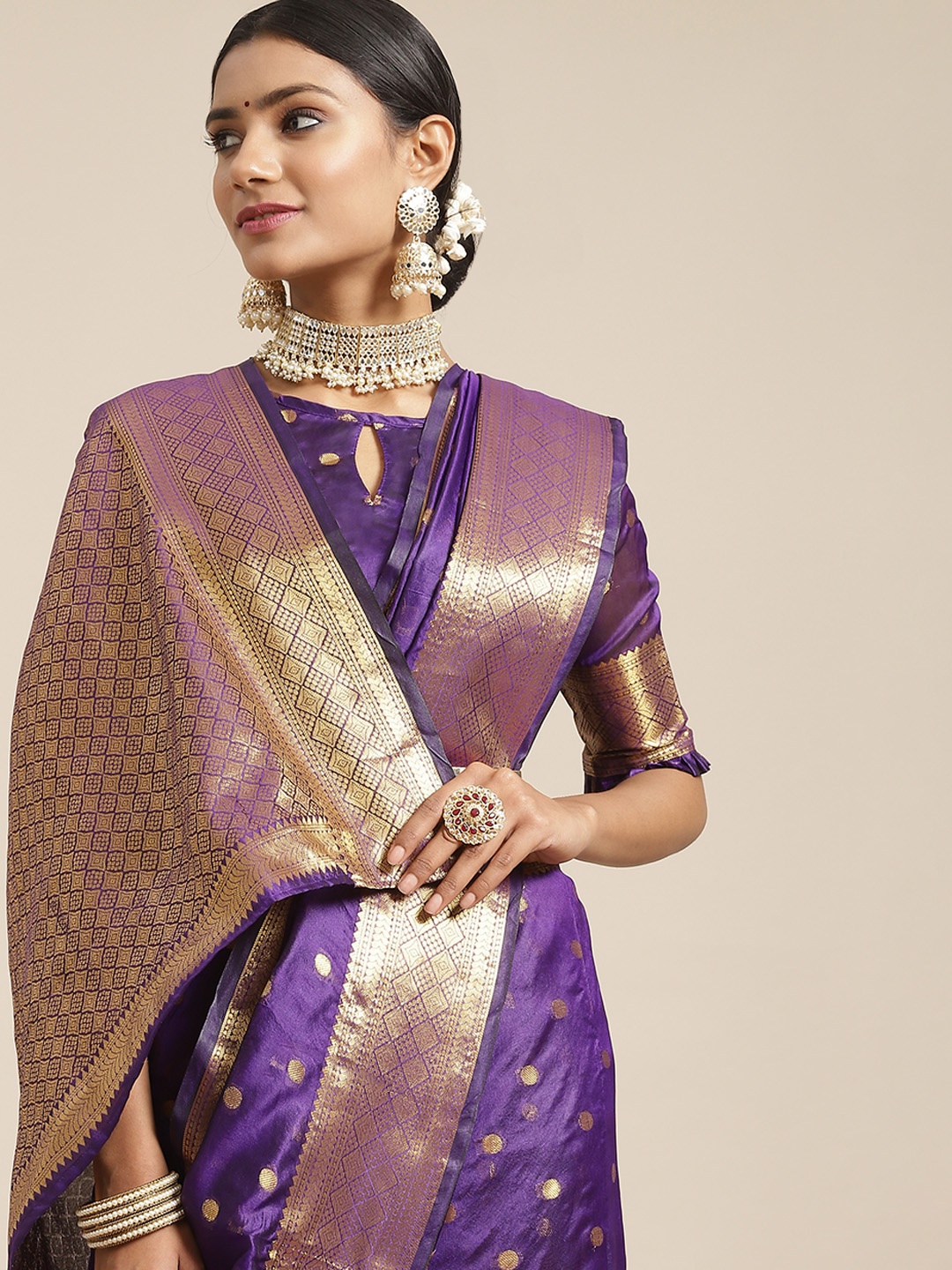 

Satrani Blue & Gold-Toned Woven Design Zari Jacquard Chanderi Silk Banarasi Saree