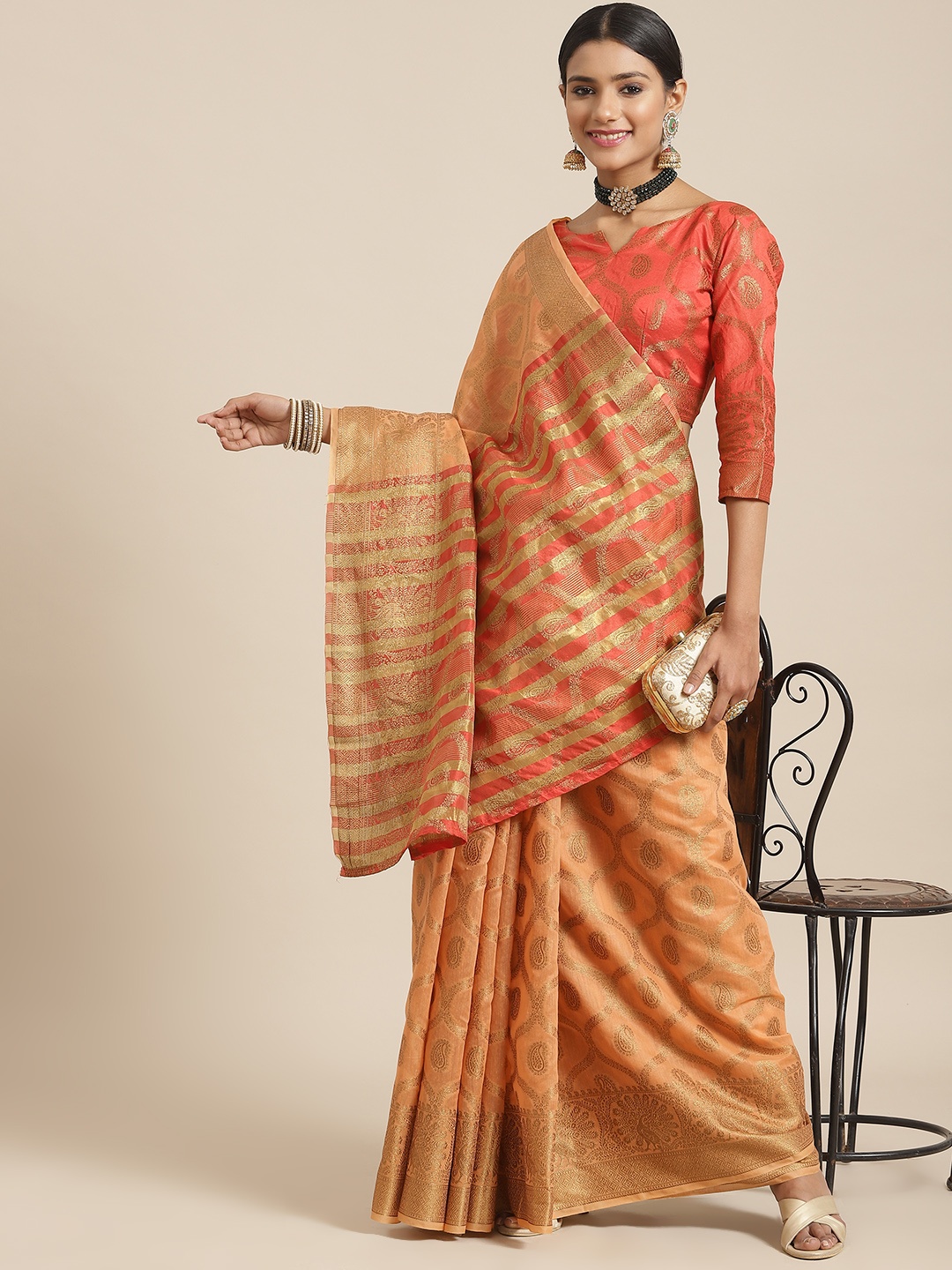 

Satrani Peach-Coloured & Gold-Toned Woven Design Zari Jacquard Banarasi Saree
